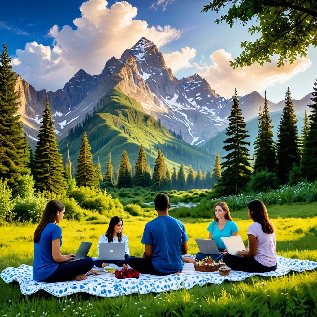 A serene mountain landscape symbolizing the LDS faith, with people of diverse backgrounds connecting while blogging outdoors, their laptops open amidst nature. Soft sunlight filtering through clouds creates a warm, inviting atmosphere. Overlay subtle script or quotes about faith and connection. vibrant colors. painting.