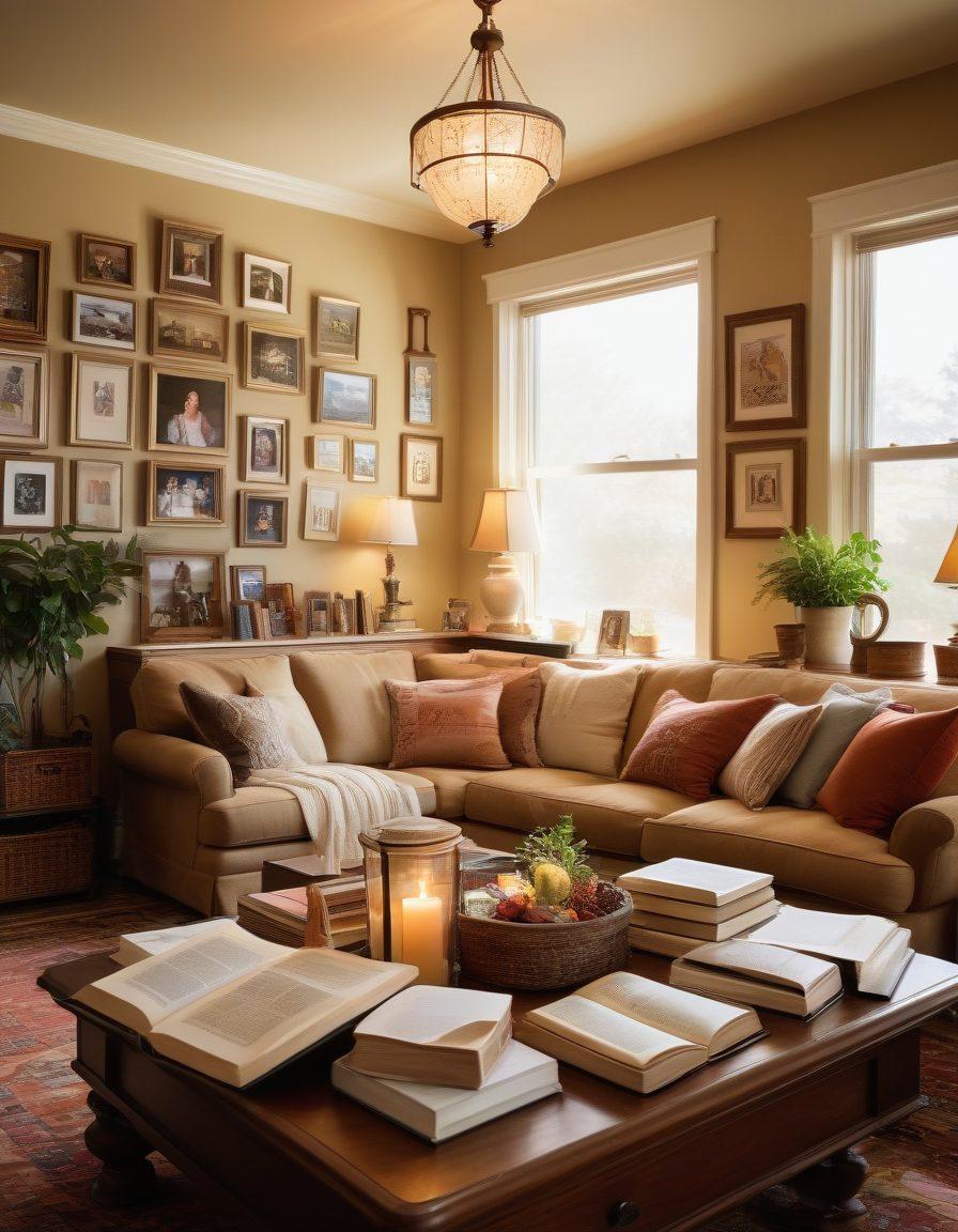 A heartwarming scene of diverse members of the LDS community gathered in a cozy living room, sharing stories and laughter, surrounded by family photos and inspirational quotes on the walls. Soft sunlight filters through a window, illuminating the warmth of their connection. Include elements such as a table with books and resources for faith-building, and a symbol of faith subtly in the background. The atmosphere should convey unity, love, and empowerment. super-realistic. warm colors. inviting ambiance.